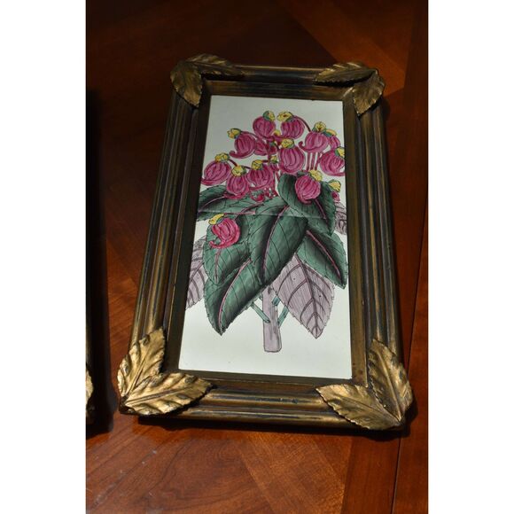 John Richard Luxury Botanical Wall Plaques Set 2 Gilded Frames Ceramic Tiles - Picture 2 of 7